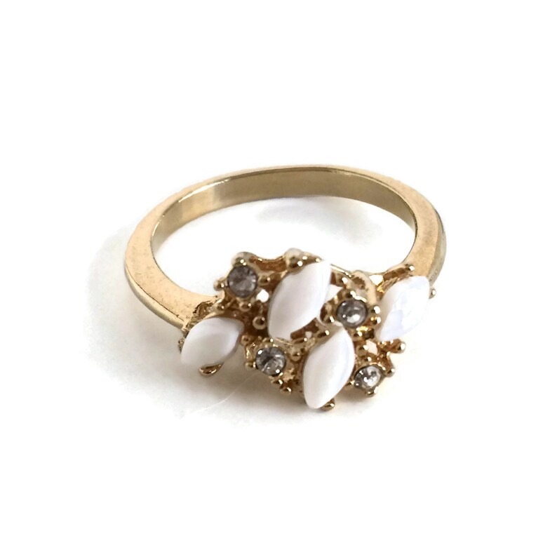Vintage Gold Plated Rhinestone and Milk Glass Ring Size 9 12 Feminine Dainty Romantic Ring Cocktail Ring Mid Century Plus Size Jewelry
