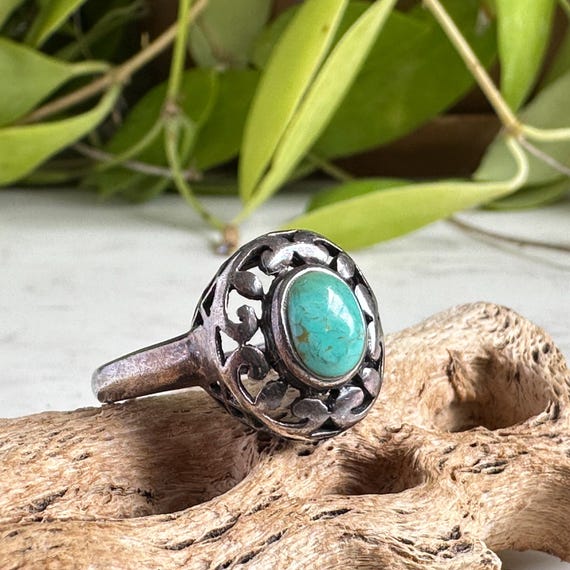 Vintage Sterling Silver Turquoise Ring - Filigree… - image 2