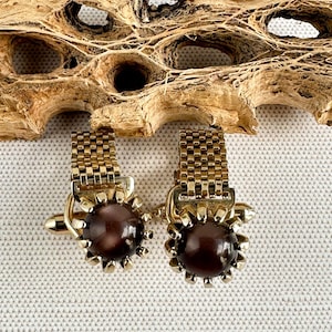 Vintage Mesh Cufflinks Gold Tone Brown Glass Cabochon, Midcentury 1950s 1960s, Retro Statement Men&#39;s Jewelry, Gift for Him, Gift for Dad