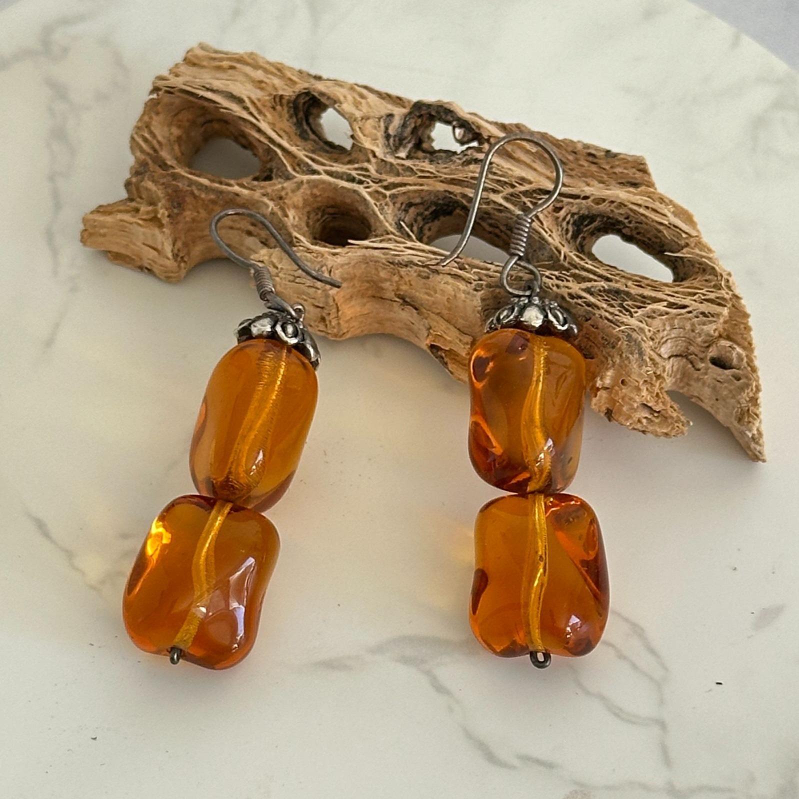 Sterling Silver Amber Glass Bead Dangle Earrings 2 1/4" Drop