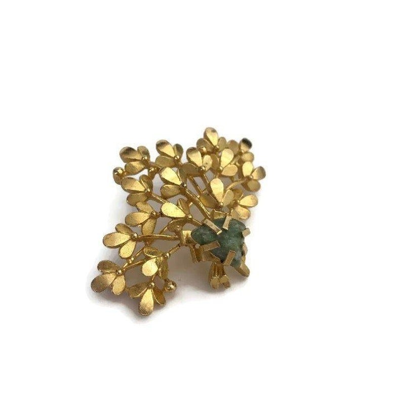 Natural Gemstone Gold Tone Flower Bouquet Pin Green Gemstone Vintage Floral Leaf Brooch with Zoisite Stone