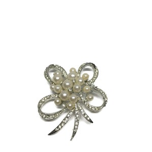 Vintage Rhinestone Faux Pearl Flower Bow Brooch