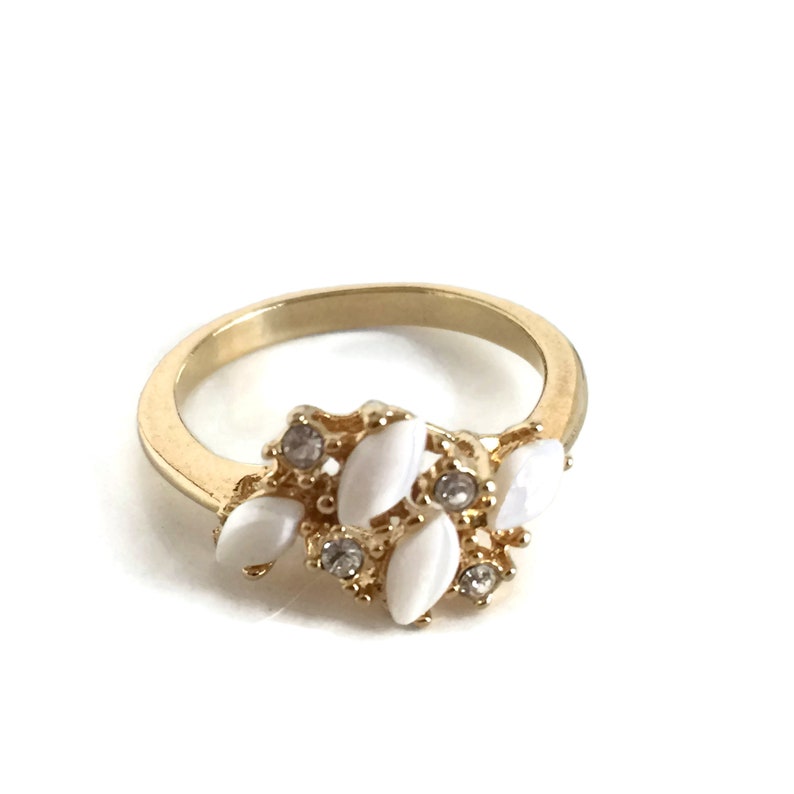 Vintage Gold Plated Rhinestone and Milk Glass Ring Size 9 12 Feminine Dainty Romantic Ring Cocktail Ring Mid Century Plus Size Jewelry