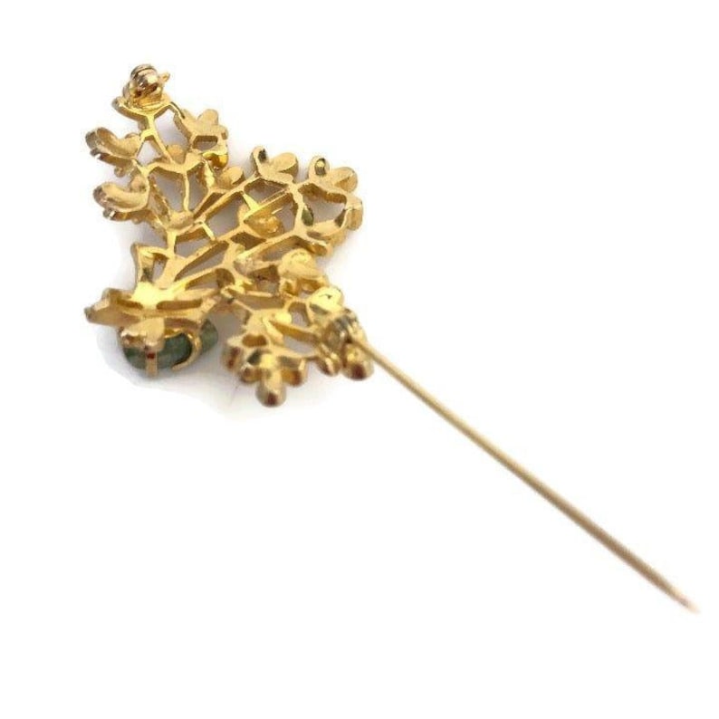 Natural Gemstone Gold Tone Flower Bouquet Pin Green Gemstone Vintage Floral Leaf Brooch with Zoisite Stone