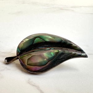 Vintage Mexican Abalone Brooch: Sterling Silver Leaf Pin, Mid Century Jewelry