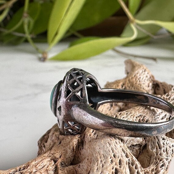 Vintage Sterling Silver Turquoise Ring - Filigree… - image 5