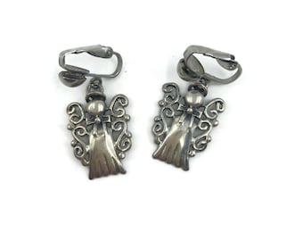 Vintage Sterling Silver Angel Clip On Dangle Earrings, Christmas Jewelry