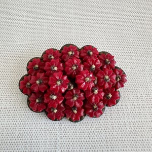 Può includere: Spilla vintage con un gruppo di elementi rossi a forma di fiore. I fiori hanno una finitura lucida e sono disposti su una base marrone scuro smerlata. Accessorio decorativo.