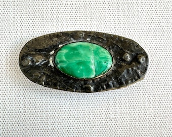 Antique Arts & Crafts Green Art Glass Brooch, Hand Wrought Metal Pin