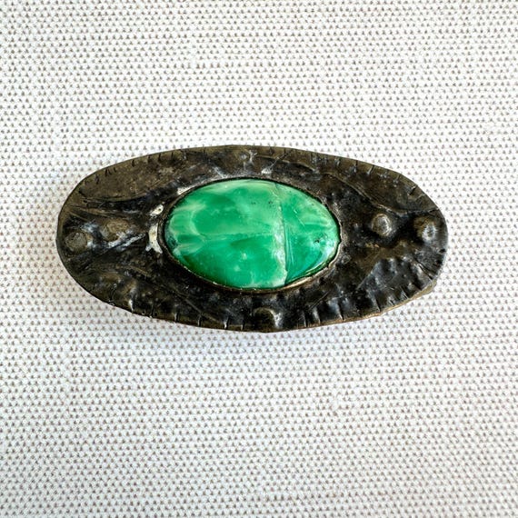 Antique Arts & Crafts Green Art Glass Brooch, Hand Wrought Metal Pin