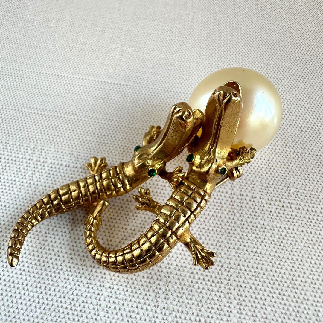 Mid Century Alligator Brooch, Gold Tone Double Gator Pin With Large ...