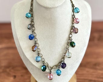 Vintage Art Deco Czech Harlequin Briolette Glass Bead Necklace Multicolored 15" Drop Chain Jewelry
