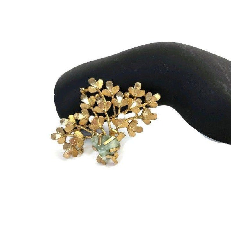 Natural Gemstone Gold Tone Flower Bouquet Pin Green Gemstone Vintage Floral Leaf Brooch with Zoisite Stone