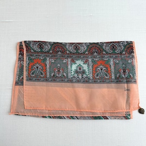 Vintage Honey Silk Scarf, Peach Brown Gray Paisley Print, 10 x 50 Long Rectangle, Made in Japan, Hand Rolled Hem NWOT