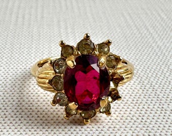 Vintage Gold Plated Cocktail Ring: Red Oval Glass, Rhinestone Halo, Size 7