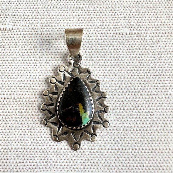 Vintage Navajo Style 925 Sterling Silver Black Matrix Turquoise Pendant Stampwork