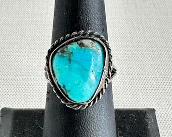 Jaren 70 Zuidwestelijke sterlingzilveren turkoois ring touw bezel maat 7