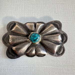 Vintage Native American Sterling Silver Concho Brooch with Turquoise, Domed Floral Pin, 2.5"