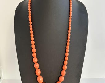 Art Deco Galalith Coral Color Graduated Bead Necklace 30 Inch 1920s/1930s Oval Strand