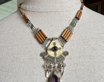 Peruvian Bamboo Necklace With Amethyst Dangle Pendant & Handcrafted Silver Detailing