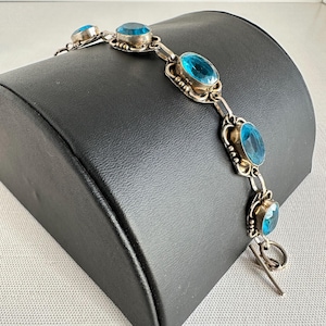 Silver Tone Toggle Clasp Bracelet With Blue Rhinestones 7 1/4" Long