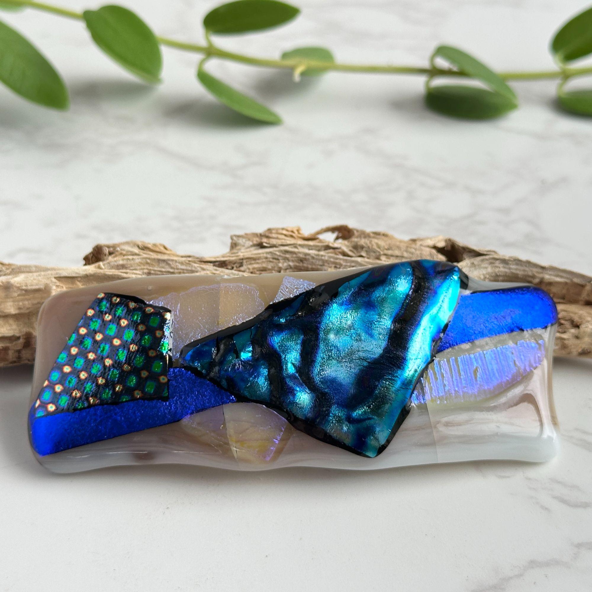 Fused Dichroic Glass Hair Barrette: Blue Iridescent Art  display picture 1