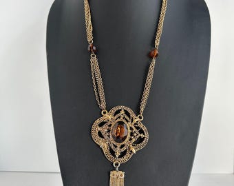 Vintage Topaz Glass Filigree Tassel Necklace Revival Statement Piece