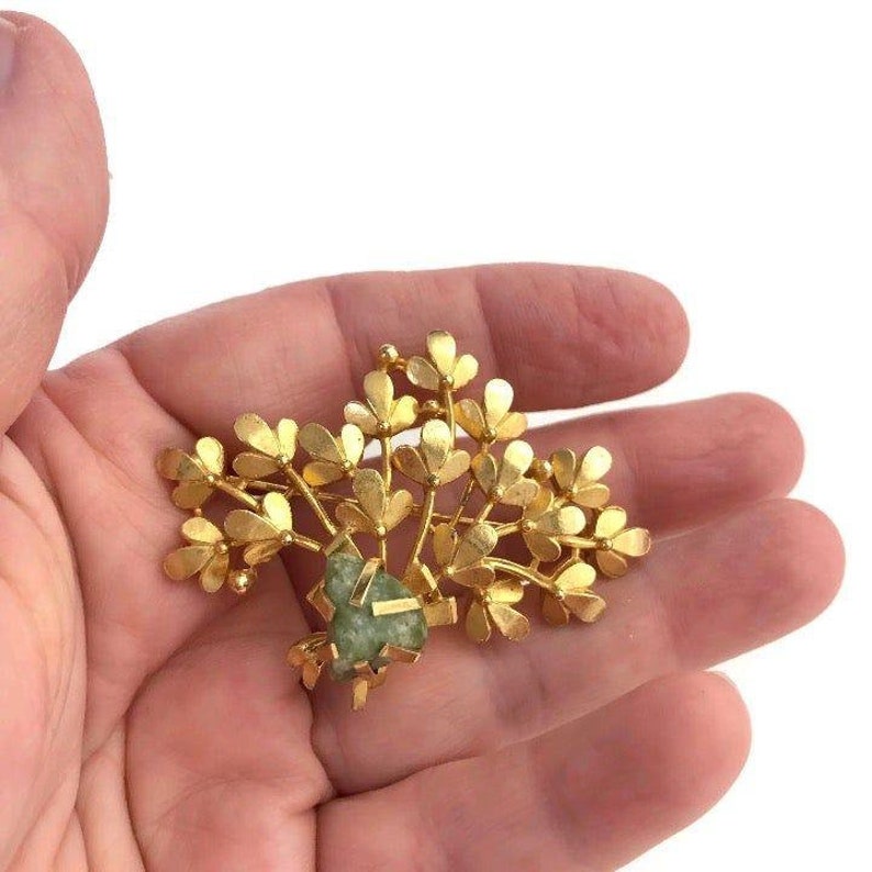 Natural Gemstone Gold Tone Flower Bouquet Pin Green Gemstone Vintage Floral Leaf Brooch with Zoisite Stone