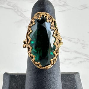 Vintage Brutalist Brass Ring, Emerald Green Glass Cabochon, Mid Century Statement Jewelry, Likely Czech, Size Adjustable