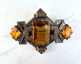 Vintage Art Deco Czech Glass Brooch: Golden Amber Brass Pin