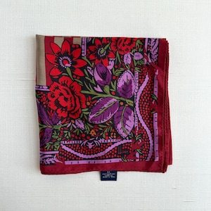 Vintage Honey Silk Scarf, 30x30 Square Floral Botanical Print, Made in Japan 100% Silk Headscarf, Red Striped Retro Silk Scarf Gift
