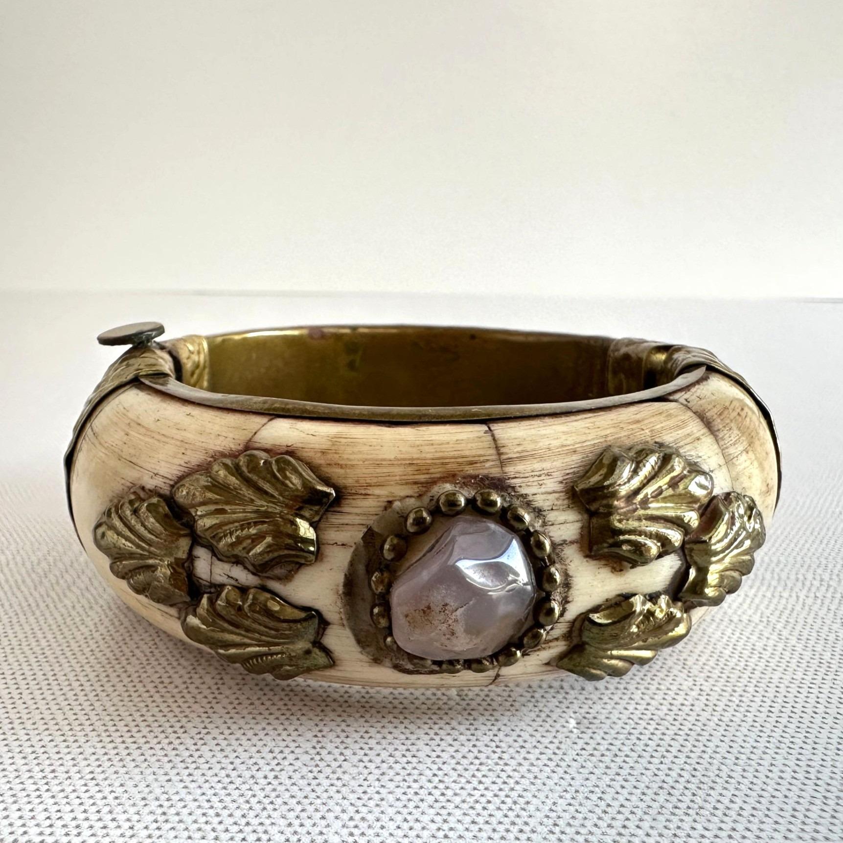 Antique 1910s Tribal Brass Bone Bangle Bracelet With Rose Quartz Black ...