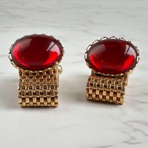 Vintage Mesh Cufflinks, Gold Wrap Cufflinks with Red Cabochon, 1950s Mid-Century Mens Accessory, Retro Gift for Him