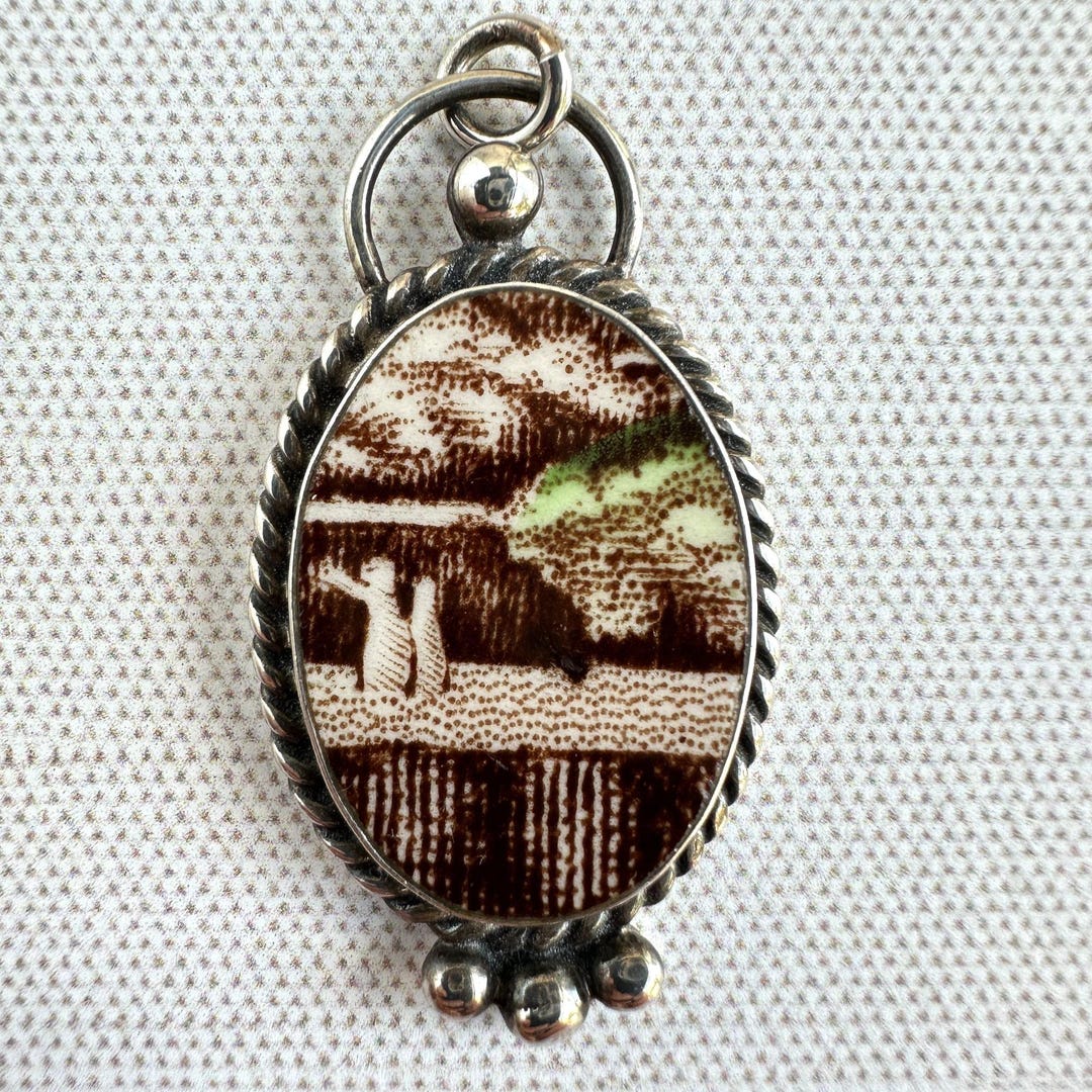 Jacqueline Smiley Sterling Silver Pendant, Brown Transferware Porcelain ...