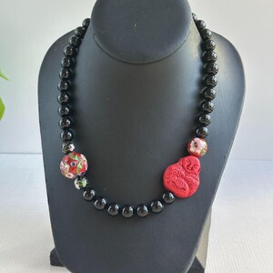 Cinnabar Buddha Necklace: Onyx Beads, Cloisonné, Sterling Silver Clasp