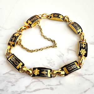 Bracelet damas vintage : maillon floral noir et or, bijoux espagnols de 6,5 cm