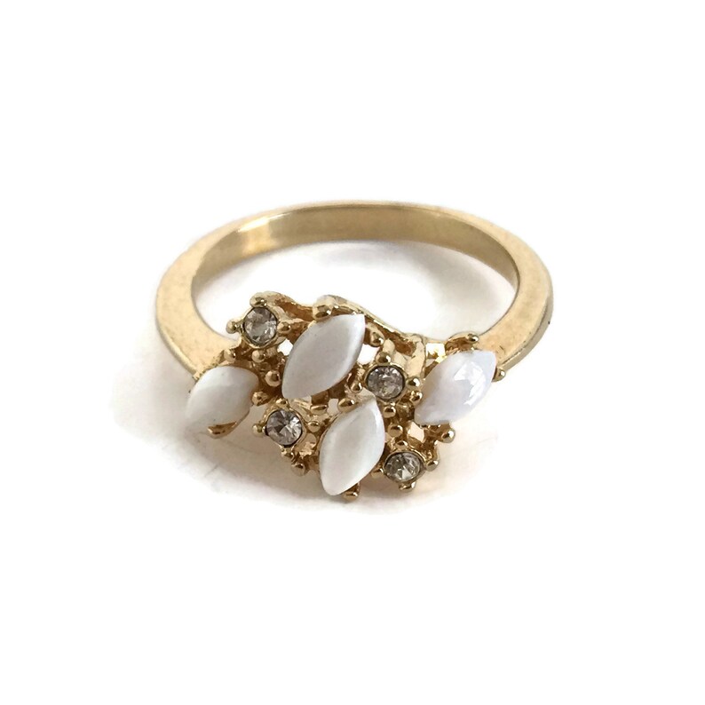 Vintage Gold Plated Rhinestone and Milk Glass Ring Size 9 12 Feminine Dainty Romantic Ring Cocktail Ring Mid Century Plus Size Jewelry