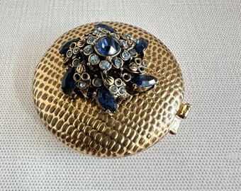 Vintage Gold Tone Compact Reptile Texture Blue Rhinestone Floral Embellishment