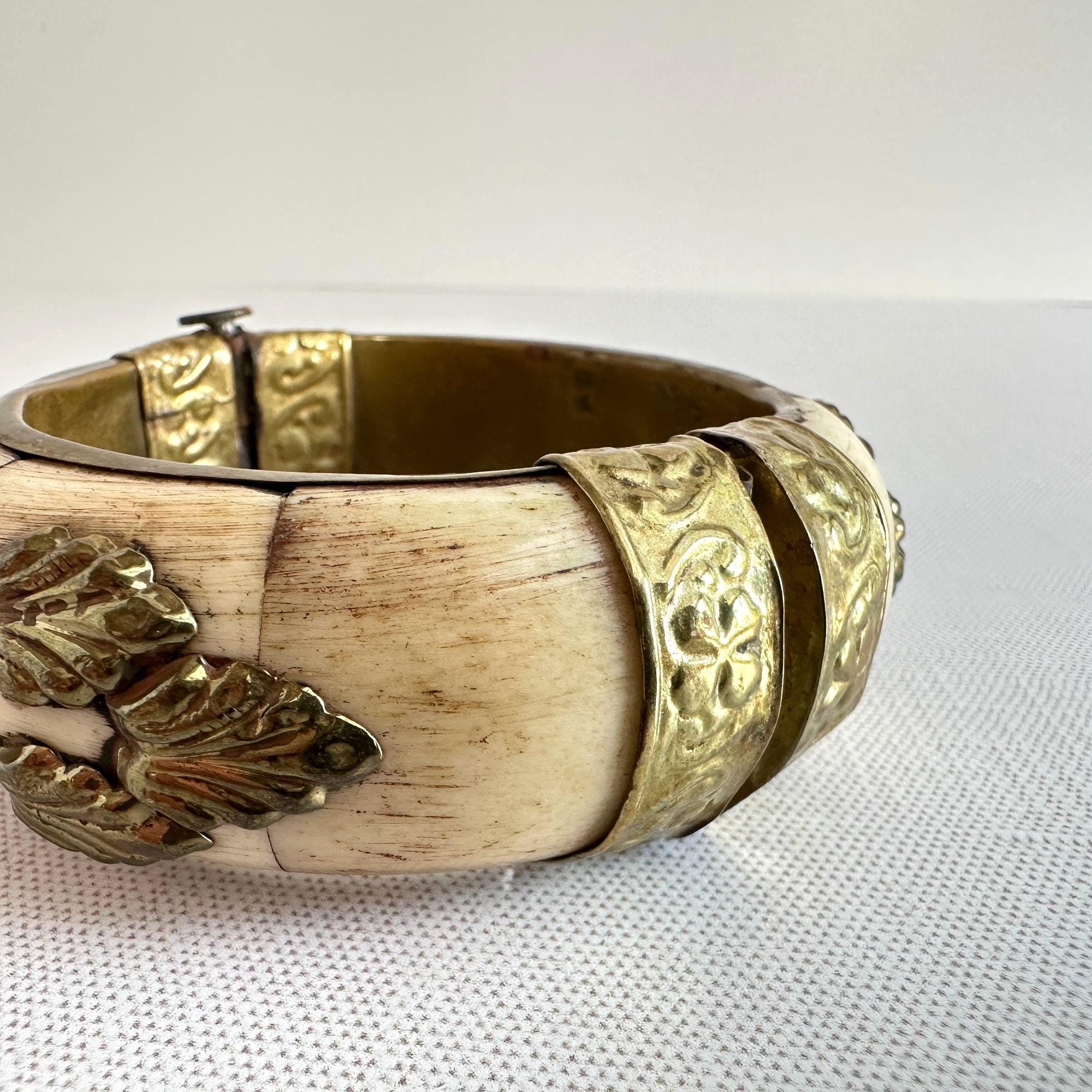 Antique 1910s Tribal Brass Bone Bangle Bracelet With Rose Quartz Black ...