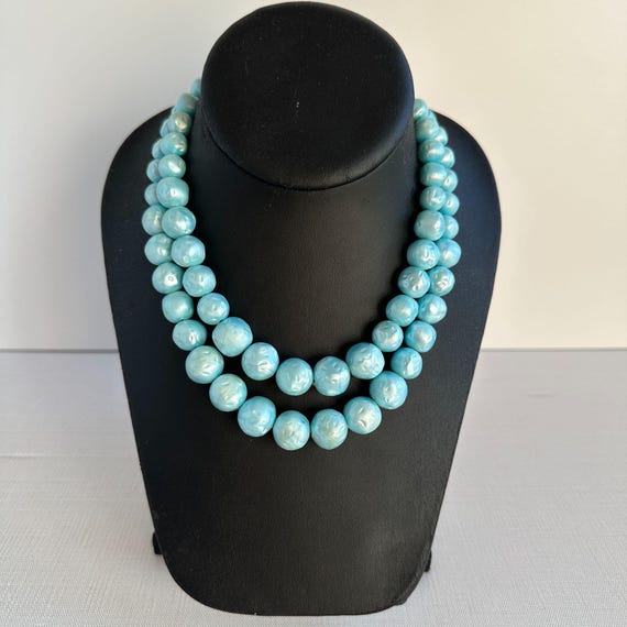 1960s Aqua Plastic Bead Necklace, Double Strand Retro