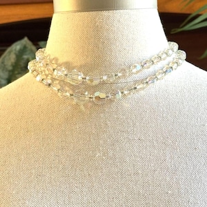 1950s Aurora Borealis Crystal Necklace, Double Strand Bridal Choker, Vintage Wedding Jewelry, Clear AB Glass Beads