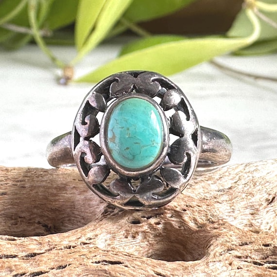 Vintage Sterling Silver Turquoise Ring - Filigree… - image 1
