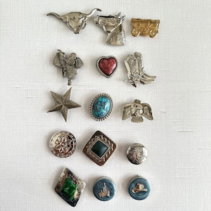 May include: A collection of vintage Western-themed pins and brooches. The assortment includes a steer head, horse head, covered wagon, saddle, heart-shaped stone, cowboy boot, star, turquoise stone, eagle, floral design, and other decorative elements.