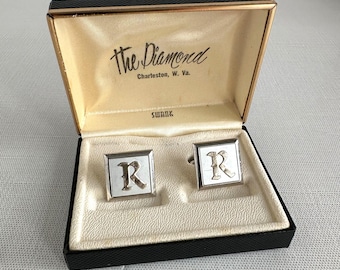 Swank Initial R Cufflinks Silver Tone in Original Box 1950s 1960s