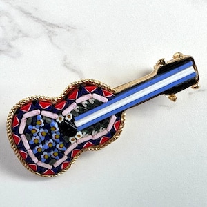 Vintage Micro Mosaic Guitar Brooch Italy Floral Design