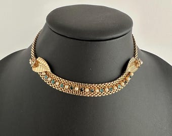 Mid Century Gold Tone Mesh Choker Necklace Teal Rhinestone Faux Pearl Leaf