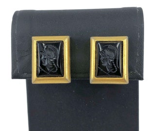 Vintage Roman Soldier Clip On Earrings: Black Intaglio Art Glass