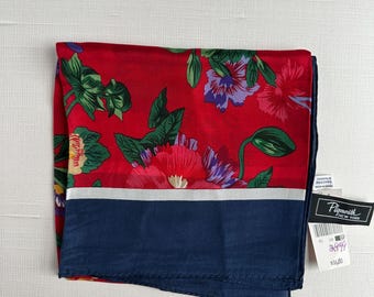 Vintage Floral Silk Scarf: Brown Orange Geometric Print, Made in Japan
