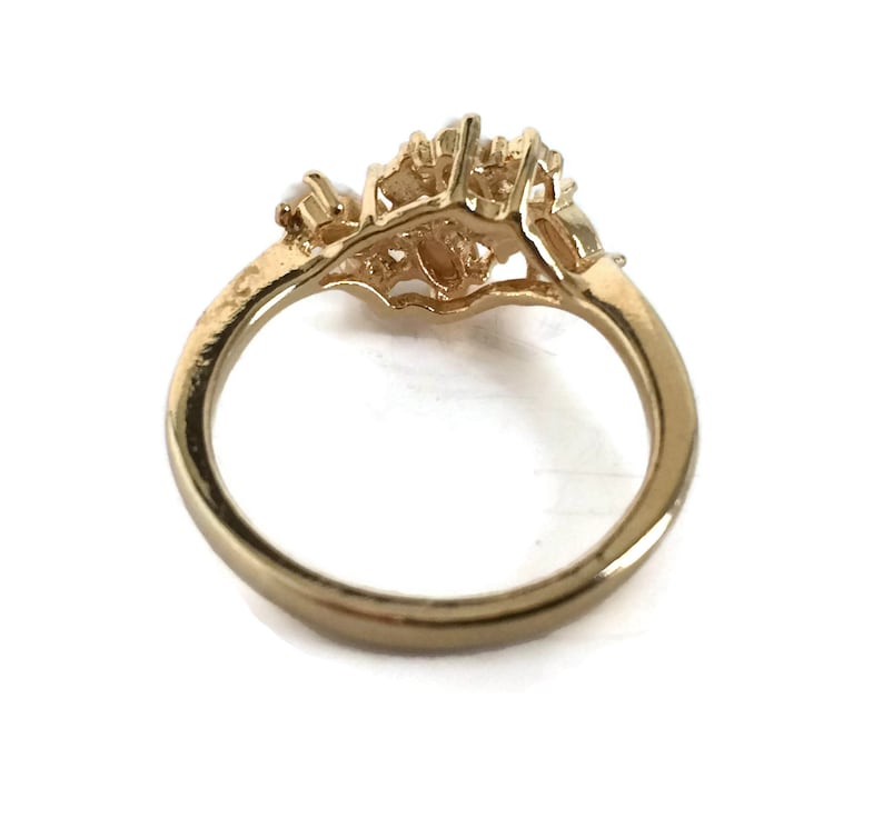 Vintage Gold Plated Rhinestone and Milk Glass Ring Size 9 12 Feminine Dainty Romantic Ring Cocktail Ring Mid Century Plus Size Jewelry
