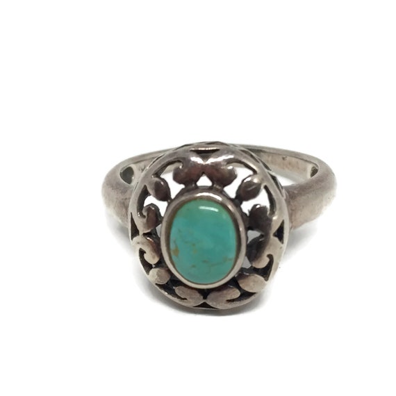 Vintage Sterling Silver Turquoise Ring - Filigree… - image 6